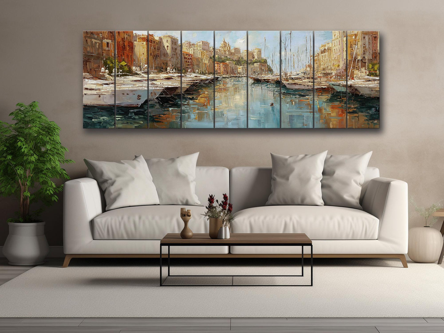 Monaco Harbor Wood Print – Rustic Wall Art | Beige Light Reflections on Distressed Wood