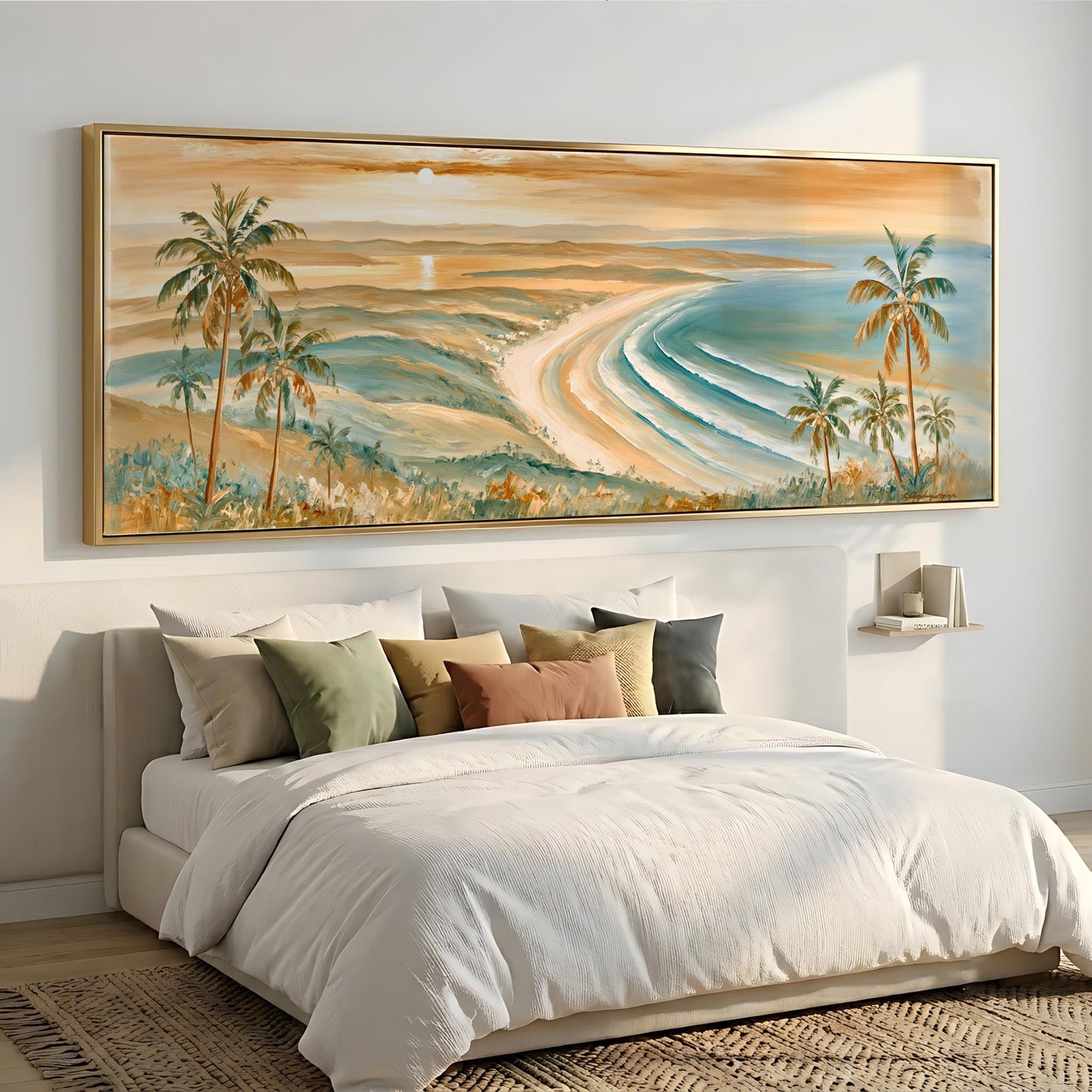 a large, colorful painting of a beach scene hanging above a bed with white bedding and pillows.