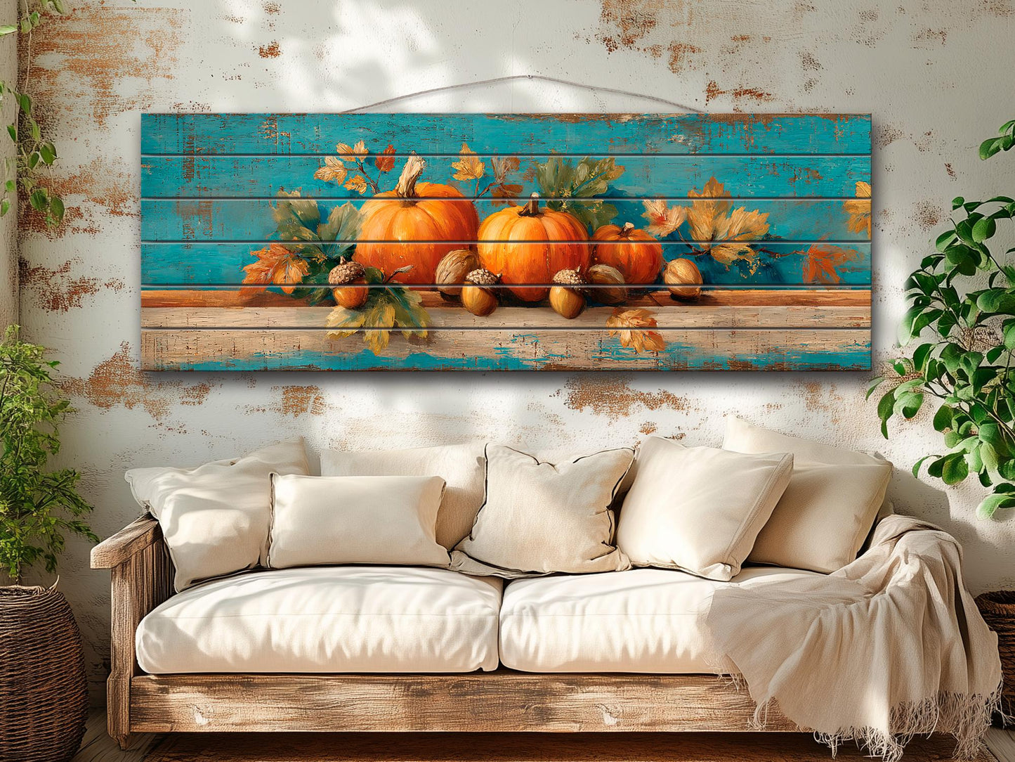 Wood Wall Art - Rustic Scene with Pumpkins, Leaves, and Acorns Print on Natural Wood, Farmhouse Wall Decor, Cozy Cabin Wall Art, Farm Decor
