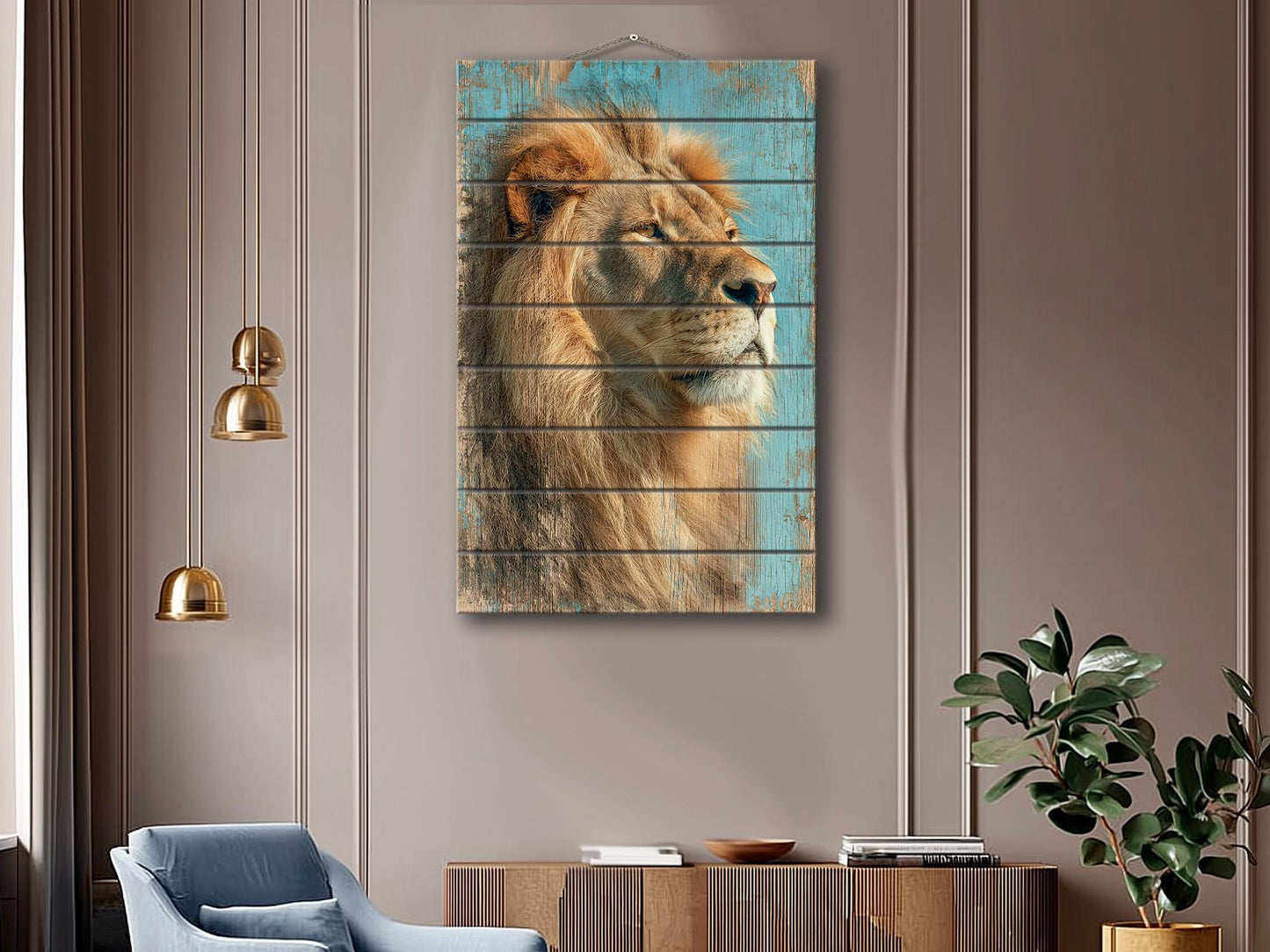 Wood Wall Art – Majestic Lion Wood Print | Rustic Wildlife Wall Decor