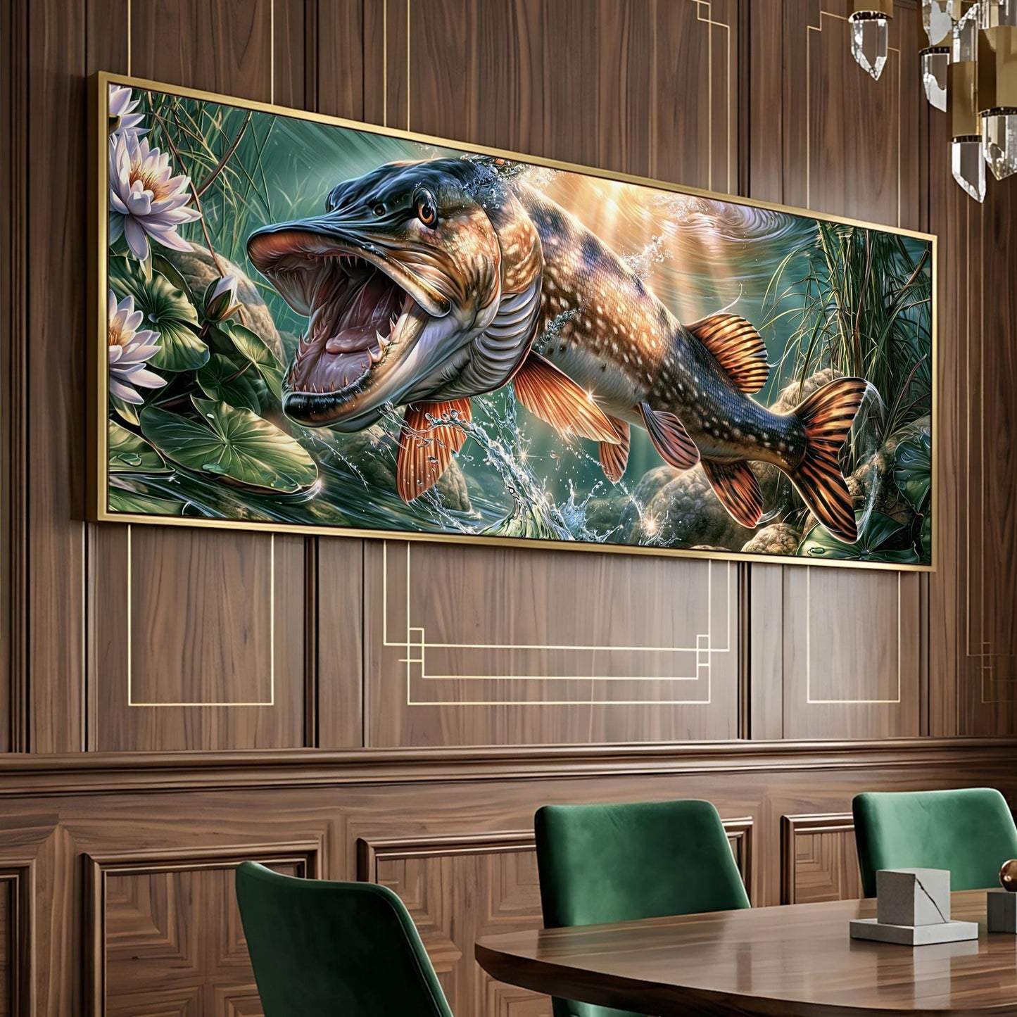 a large painting of a fish with an open mouth, hanging on a wooden wall above a dining table with green chairs.