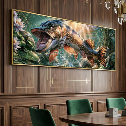 a large painting of a fish with an open mouth, hanging on a wooden wall above a dining table with green chairs.