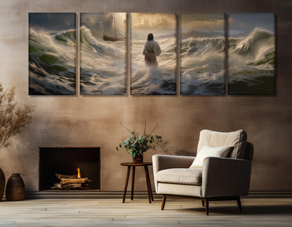 Jesus Walking On Water Religious Wall Art - Gallery Wrapped Canvas Print, Ready To Hang