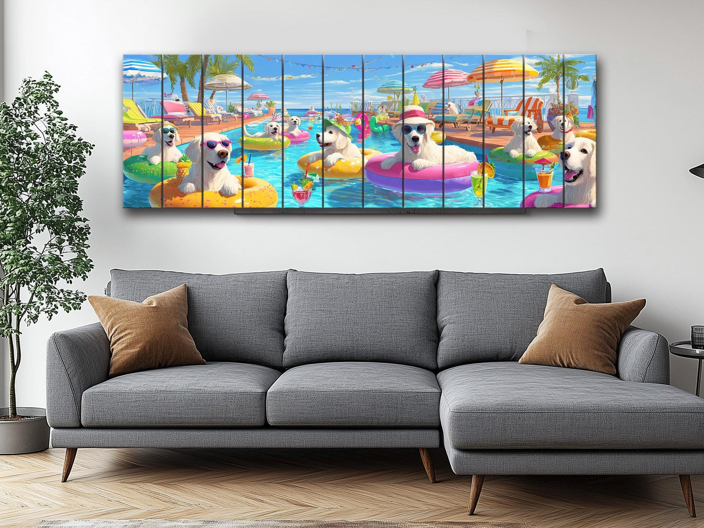 Golden Retriever Wall Art – Playful Pool Party Dog Print on Rustic Wood