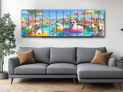 Golden Retriever Wall Art – Playful Pool Party Dog Print on Rustic Wood