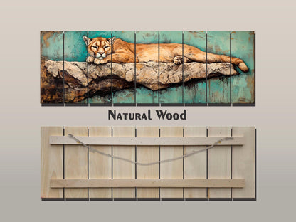 Rustic Wood Wall Art - Mountain Lion on a Rocky Ledge Print on Natural Wood, Lions Wall Art, Mountain Lion Painting, Forest Animals Prints