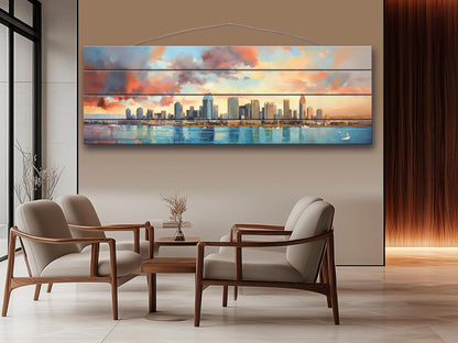 San Diego Wood Art – Rustic Wooden City Skyline Wall Decor | Abstract Wood Painting