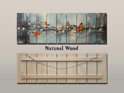 Butterflies on Blossoming Branch Print on Natural Wood – Rustic Nature Wall Art
