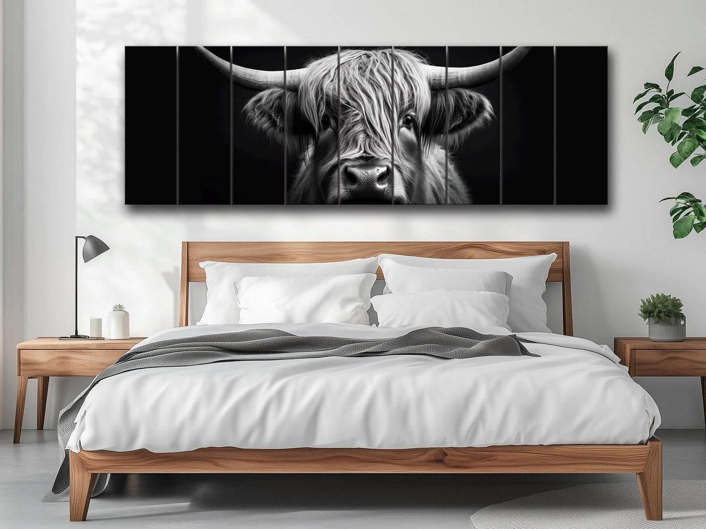 Highland Cow Wall Art – Rustic Farmhouse Wood Decor | Black And White Cow Print
