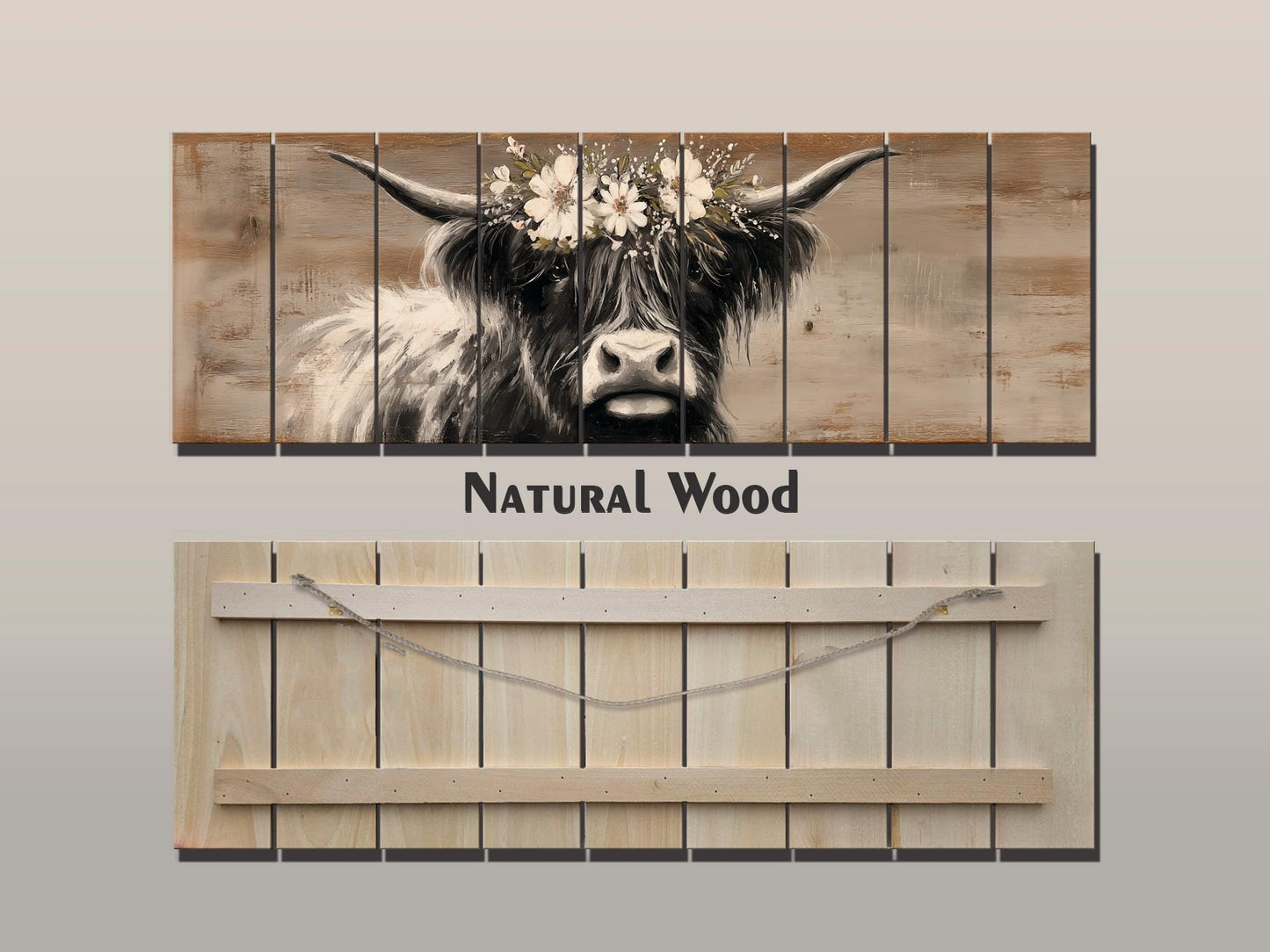 Highland Cow Wall Art – Rustic Wood Art Print | Farmhouse Wall Decor Floral Cow Print