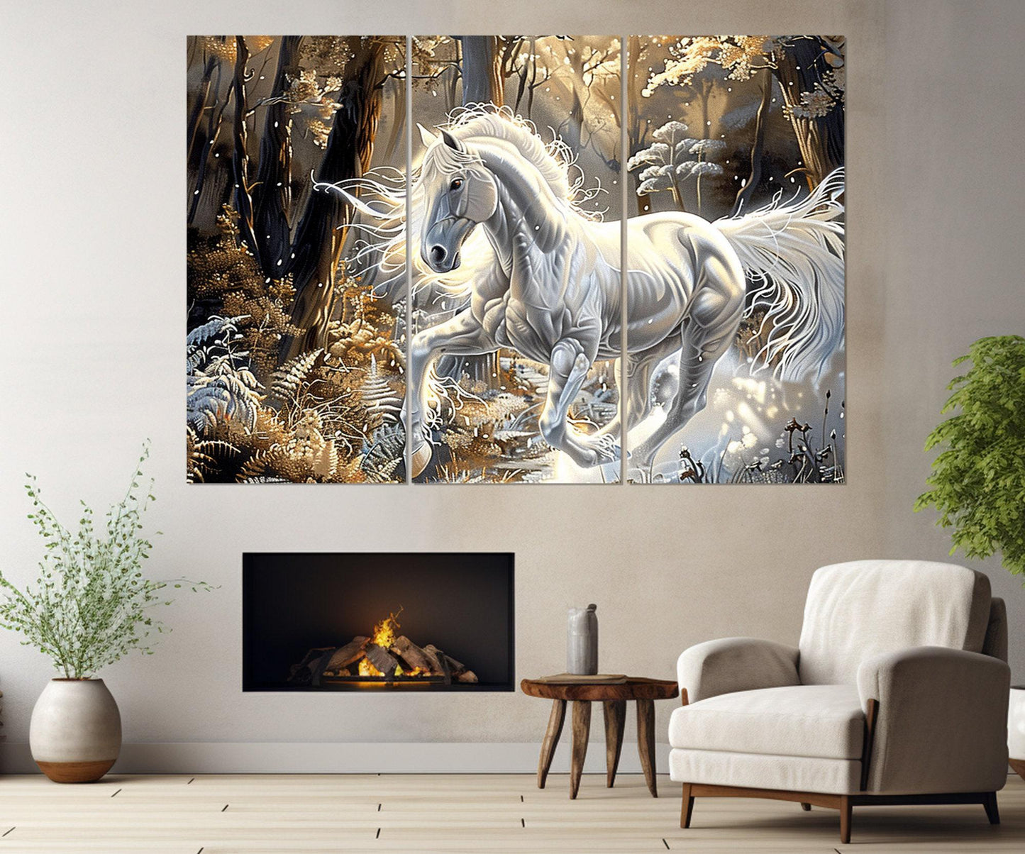 White Horse Canvas - Fantasy Horse Print in Golden Forest | Framed Canvas Art Ready to Hang