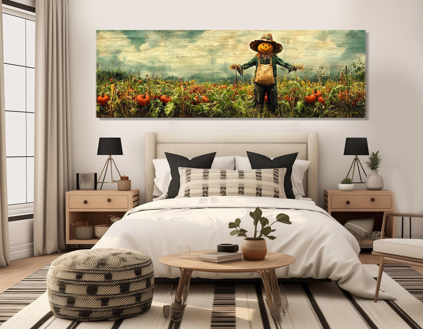 Scarecrow Pumpkin Canvas - Rustic Farmhouse Wall Art | Framed Ready to Hang