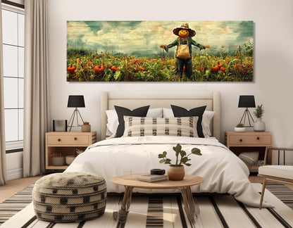 Scarecrow Pumpkin Canvas - Rustic Farmhouse Wall Art | Framed Ready to Hang