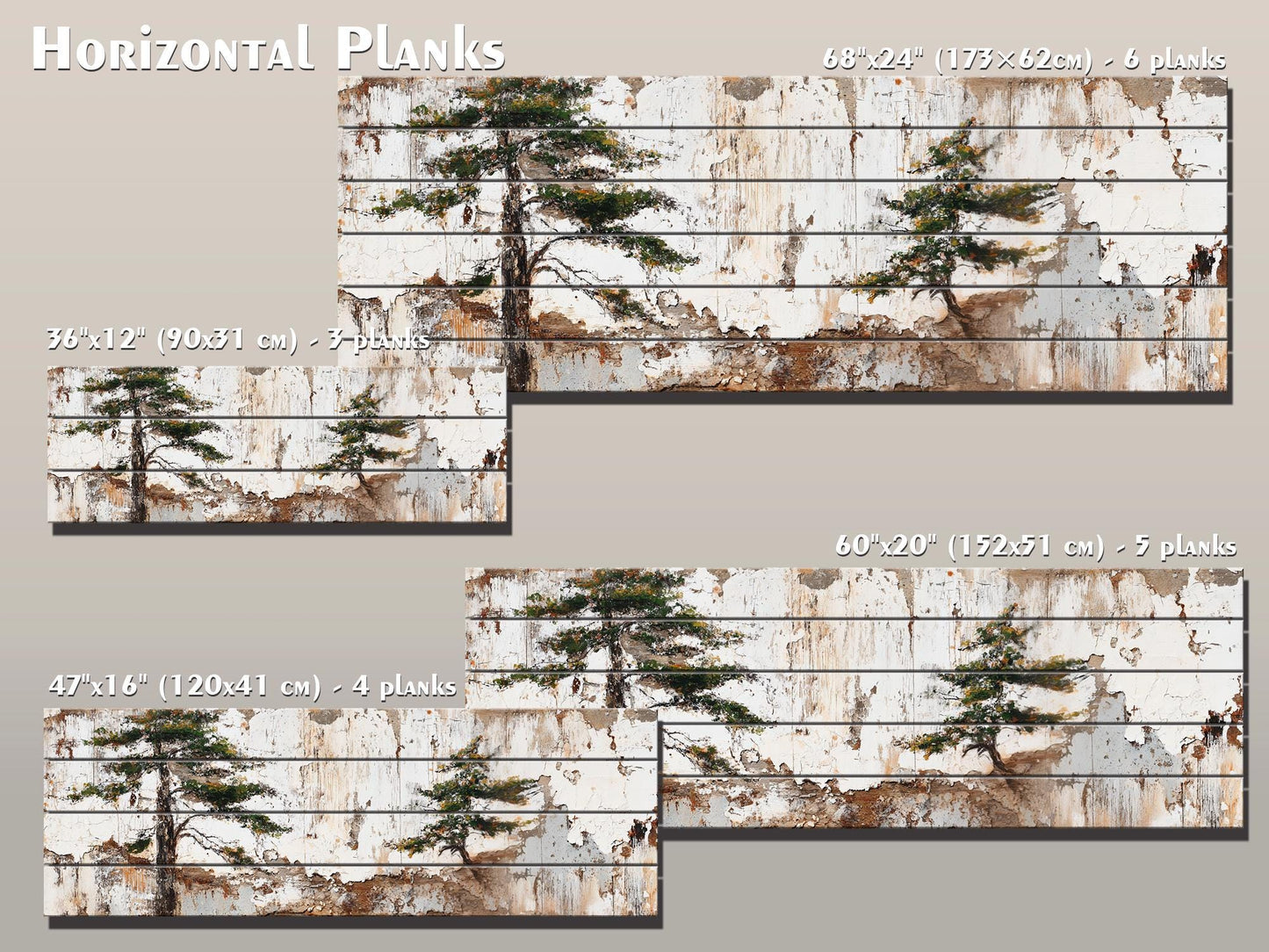 Wabi Sabi Wood Art – Rustic Wall Art with Pine Trees on Textured Wood Panel