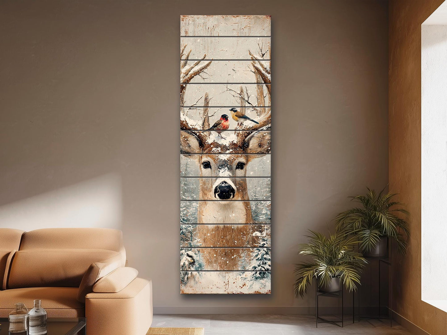 Deer Head Winter Print on Wood – Snowy Antlers Forest Scene, Rustic Wall Decor