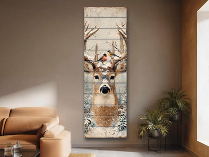 Deer Head Winter Print on Wood – Snowy Antlers Forest Scene, Rustic Wall Decor