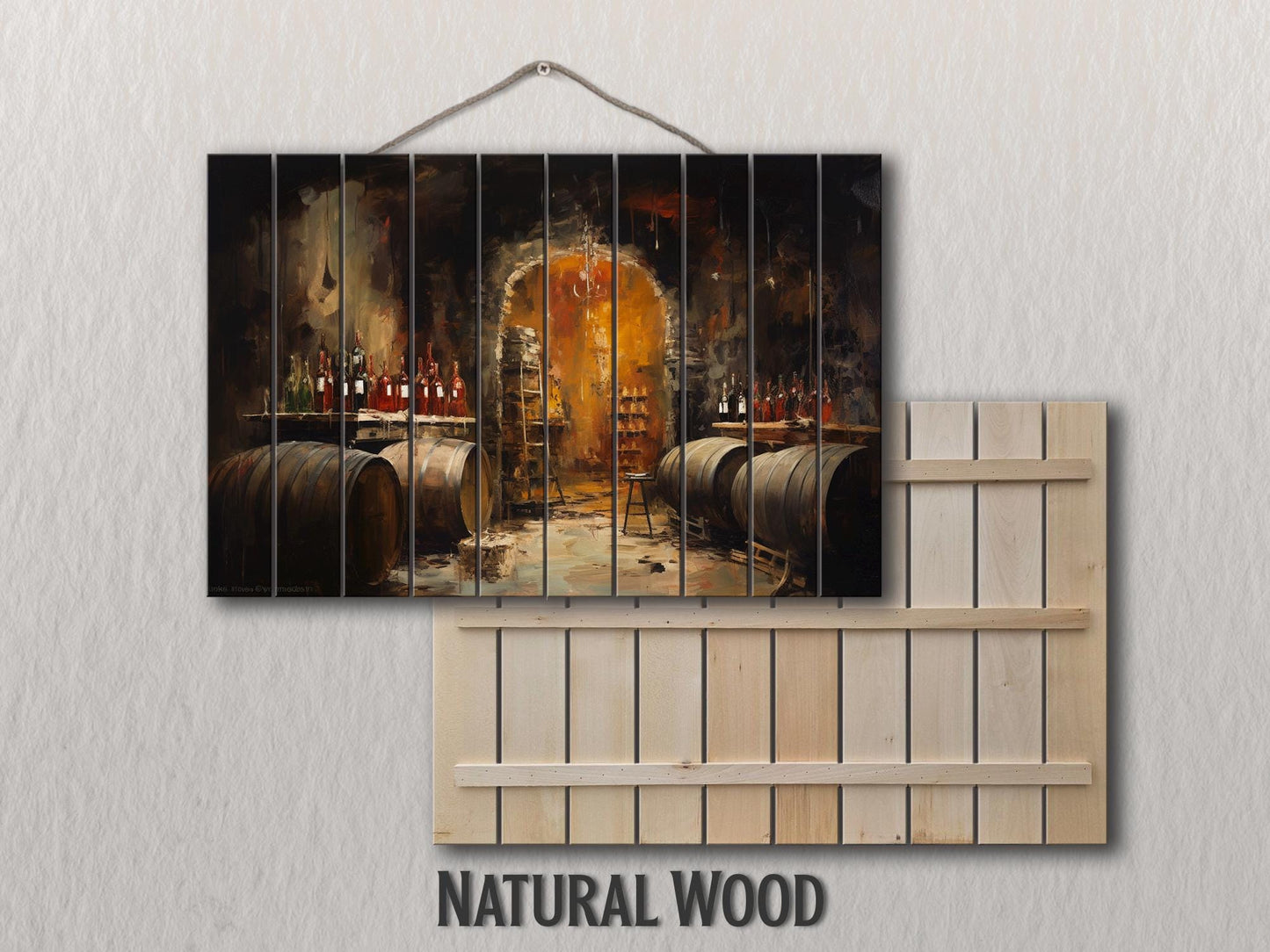 Wood Wall Art - Rustic Wine Cellar Painting on Natural Wood Plank Art