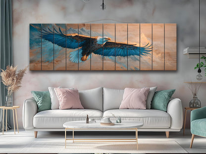 Majestic Eagle Soaring Over Mountain Peaks Print on Natural Wood, Eagle Painting, Birds Wall Art, Rustic Eagle Wood Wall Art, Eagle Print