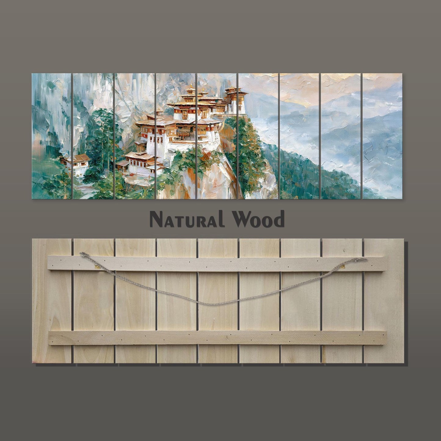 The image is a collage of multiple images depicting a natural wood-framed landscape with a traditional Chinese temple on a mountain.