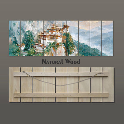 The image is a collage of multiple images depicting a natural wood-framed landscape with a traditional Chinese temple on a mountain.