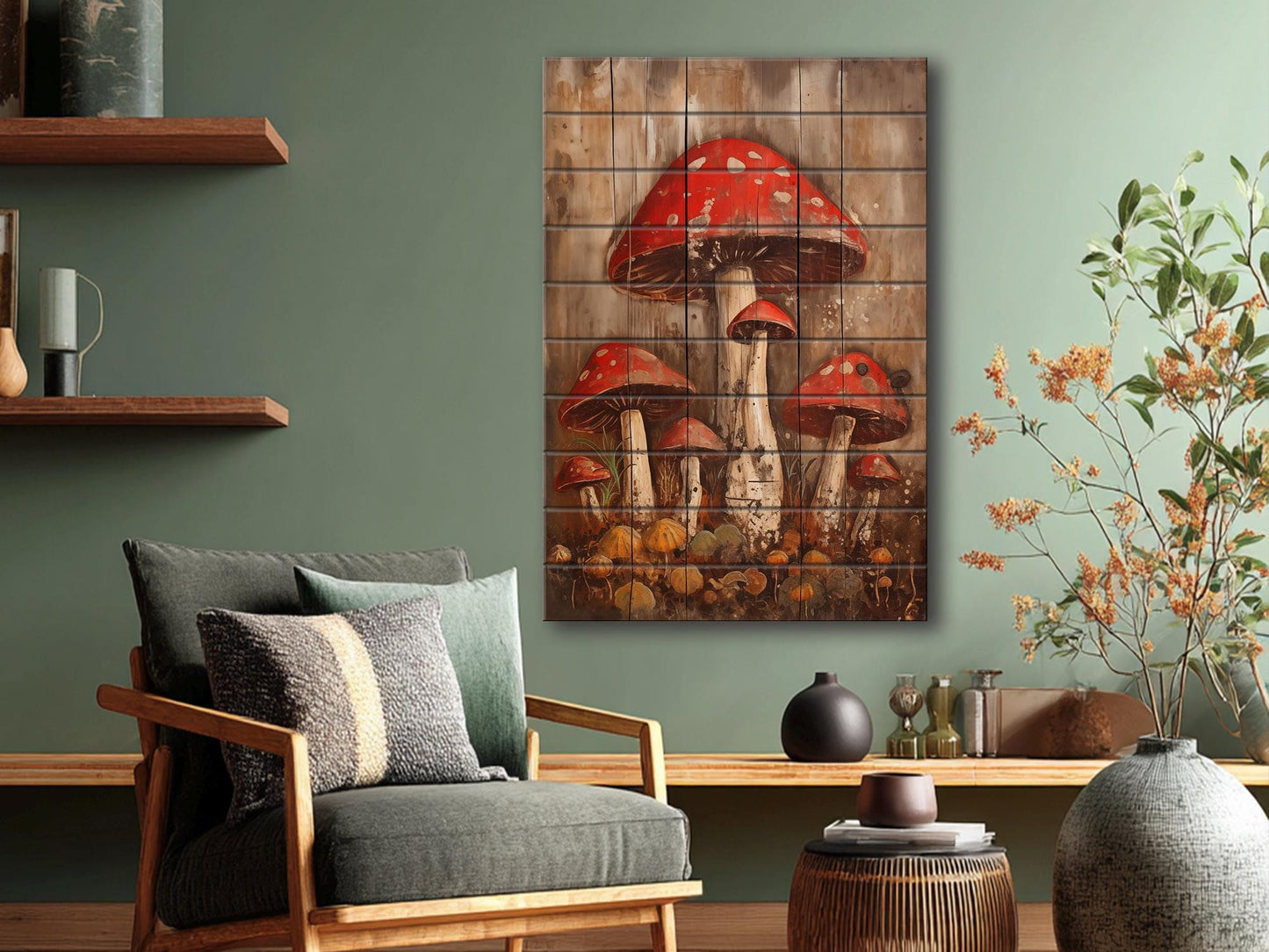 Rustic Mushroom Wall Art – Natural Wood Print | Forest Garden Decor