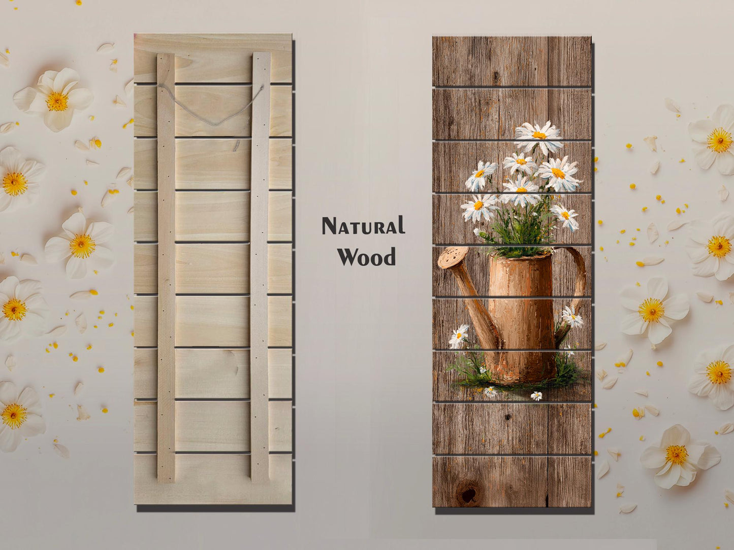 Rustic Wood Wall Art – Farmhouse Wall Decor | Watering Can & Daisy Floral Print