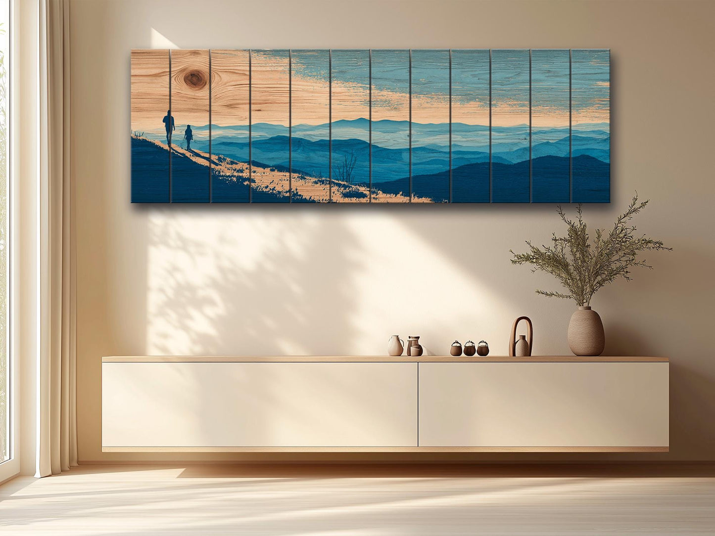 Mountain Ridge Hiking Print – Rustic Cabin Wall Art on Natural Wood Panels