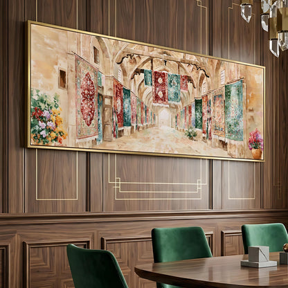 a large painting of a hallway with colorful tapestries hanging on the walls, creating a warm and inviting atmosphere.