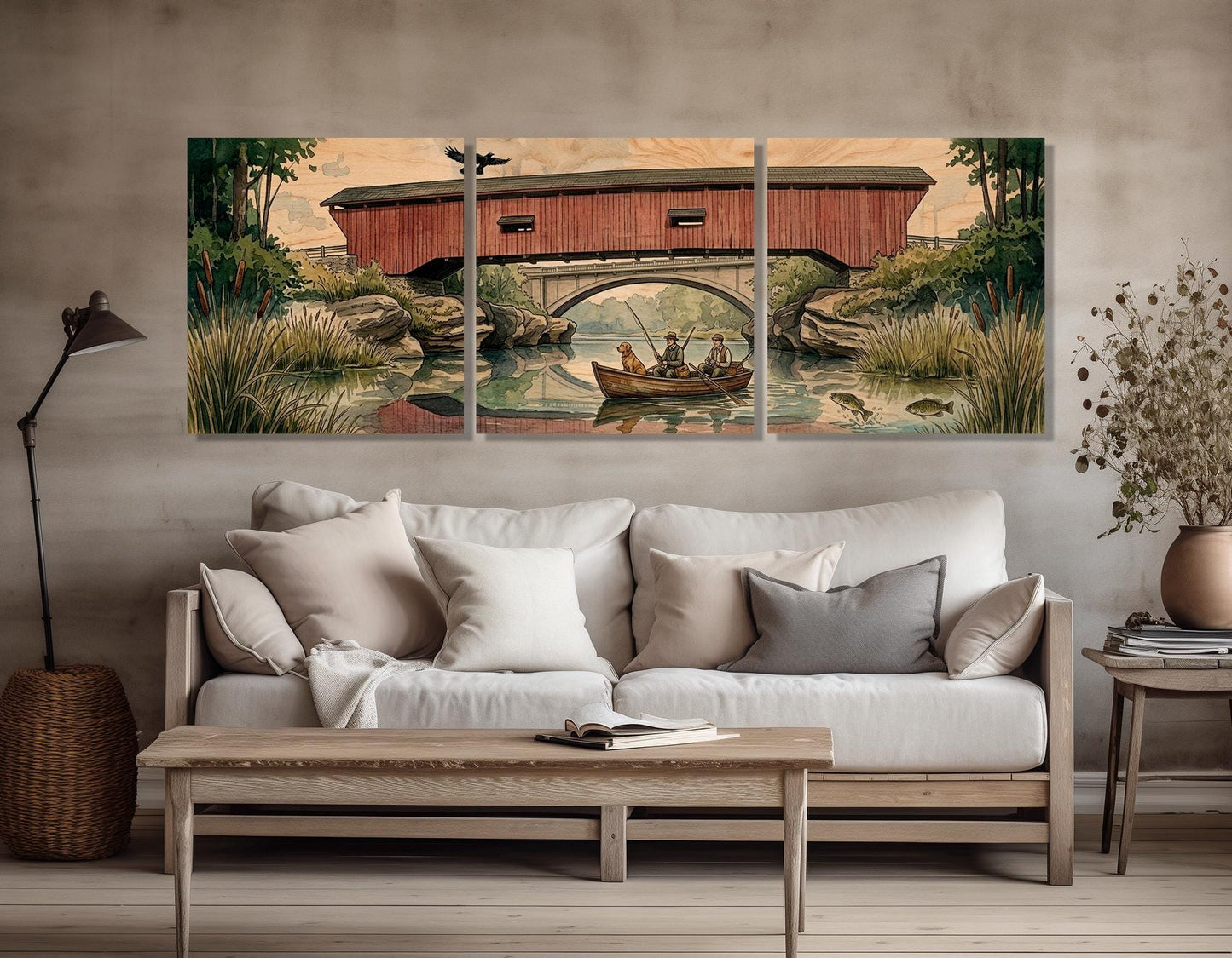 Narrows Bridge Canvas Print, Panoramic Covered Bridge Painting, Large River Wall Art, Framed and Ready to Hang