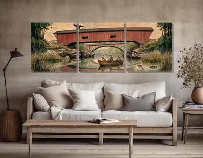 Narrows Bridge Canvas Print, Panoramic Covered Bridge Painting, Large River Wall Art, Framed and Ready to Hang