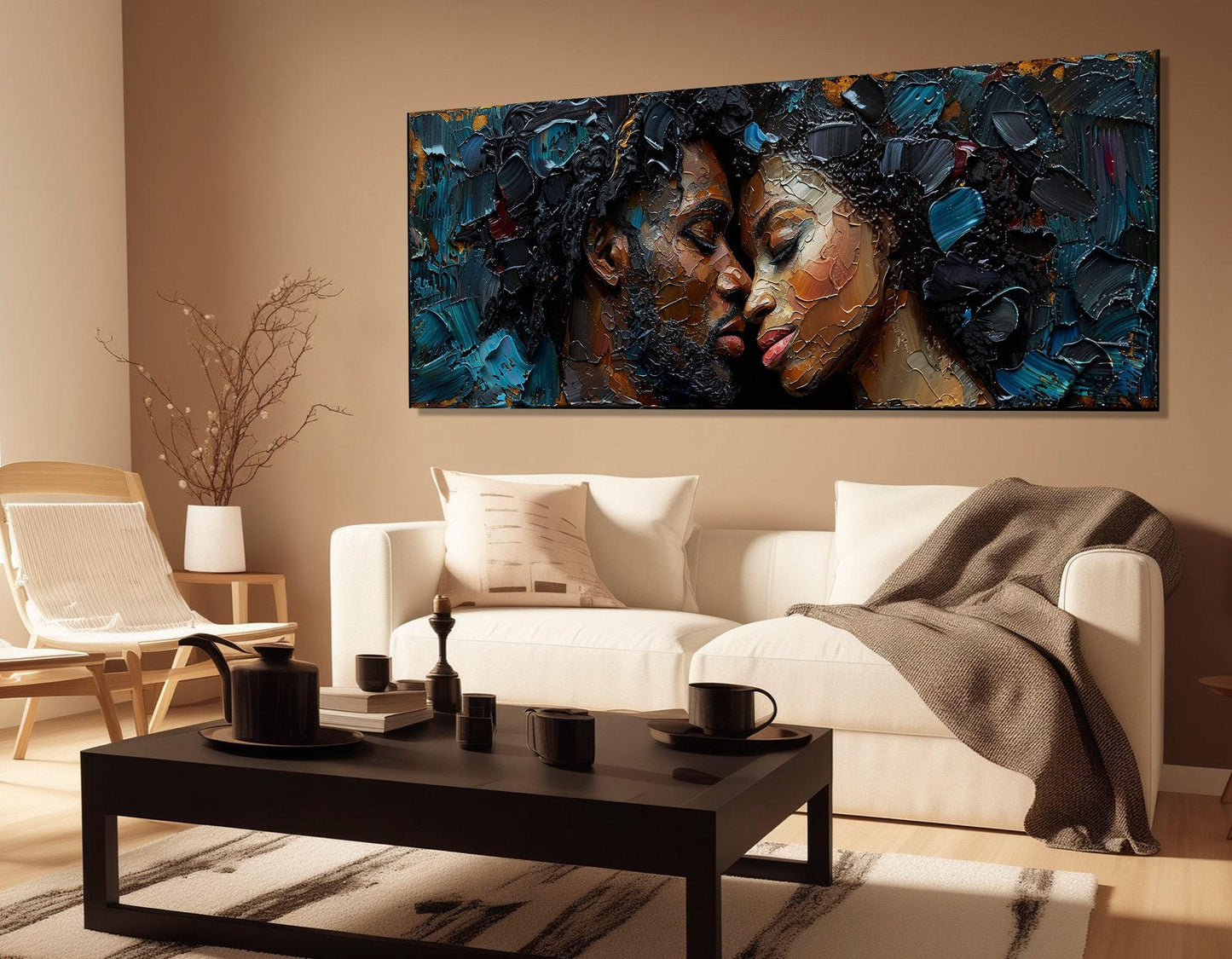 African Couple Painting – Framed Canvas Print | Romantic Wall Art Ready to Hang
