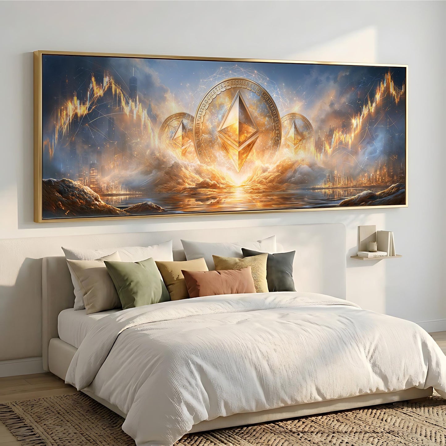 a large, colorful painting of a fantastical landscape hanging on a wall above a bed with white bedding.