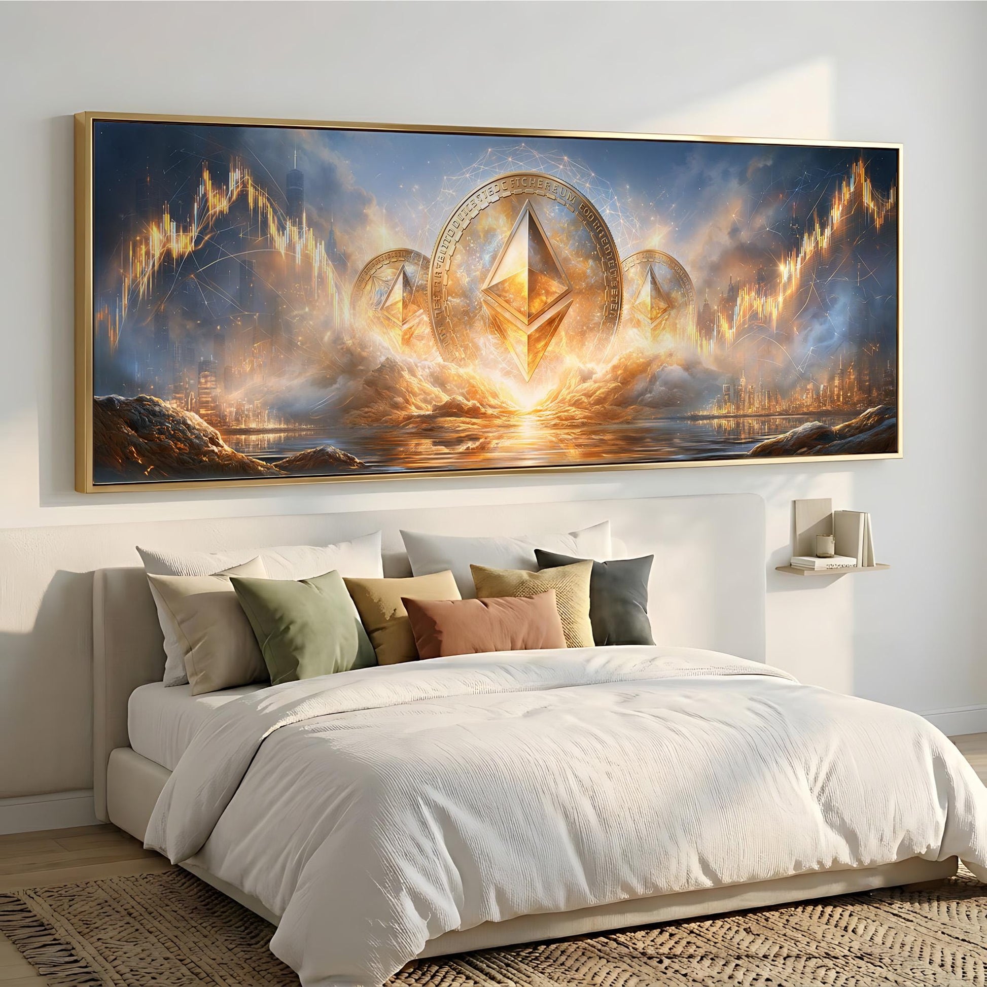 a large, colorful painting of a fantastical landscape hanging on a wall above a bed with white bedding.