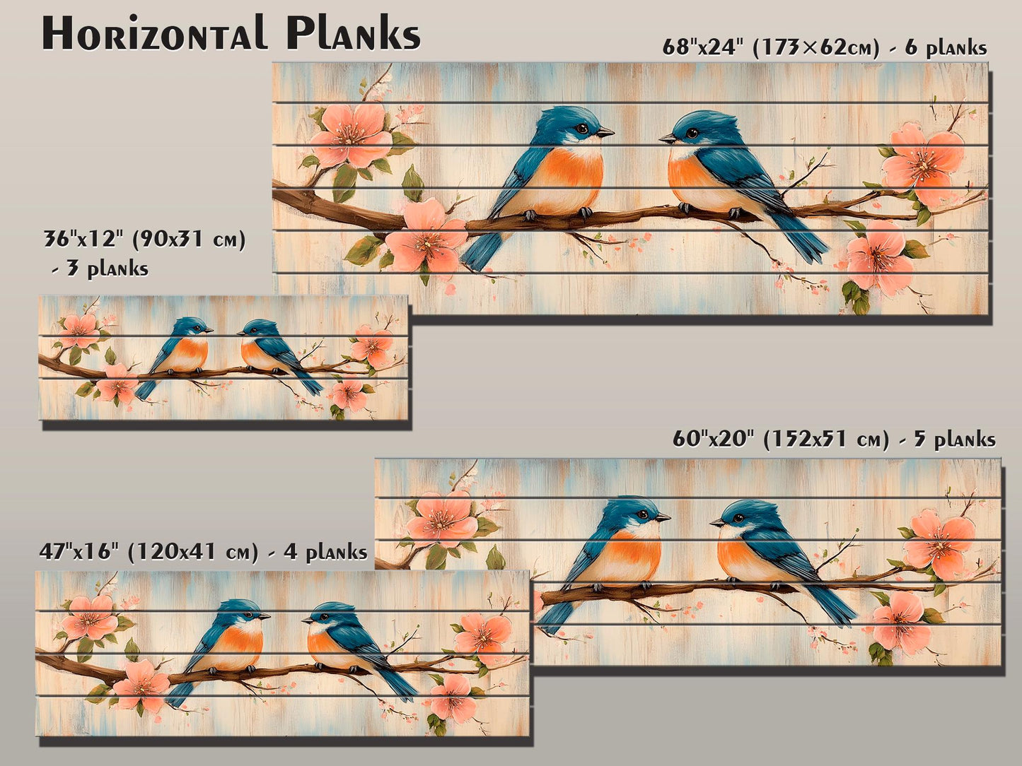 Wood Wall Art - Chubby Bluebirds on a Flowering Branch Print on Natural Wood, Birds Wall Art, Cozy Cabin Wall Decor, Rustic Bluebirds Print