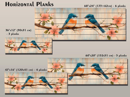 Wood Wall Art - Chubby Bluebirds on a Flowering Branch Print on Natural Wood, Birds Wall Art, Cozy Cabin Wall Decor, Rustic Bluebirds Print