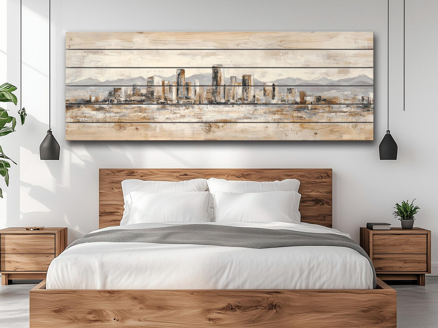 Phoenix Skyline Wood Print – Rustic Wall Art | Minimalist City Painting on Distressed Wood