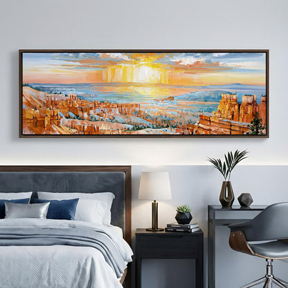 a large, colorful painting of a desert landscape hanging on a wall above a bed in a bedroom setting.