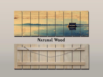 Lakeside Bench Wall Art – Panoramic Lake Landscape on Natural Wood Panel