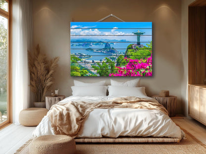 Rio De Janeiro Painting Printed on Natural Wood, Sugarloaf Mountain, Rio De Janeiro Wall Art, Christ the Redeemer Print on Wood
