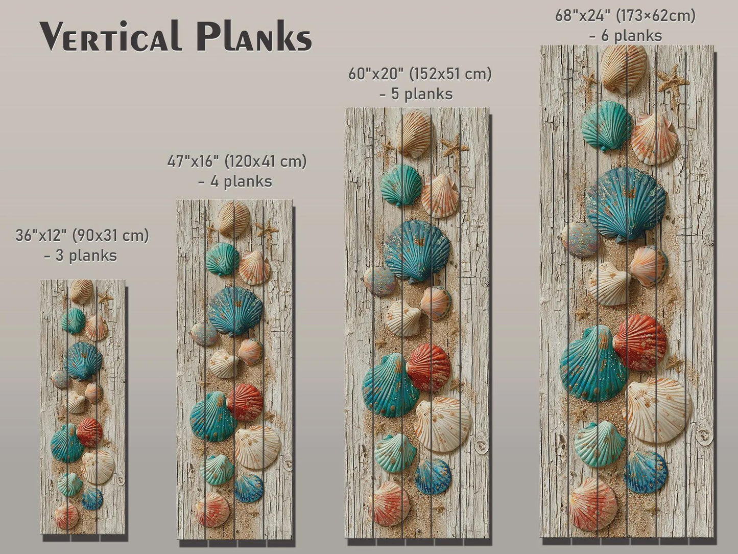 Rustic Wood Wall Art – Coastal Seashell Print on Natural Wood Planks