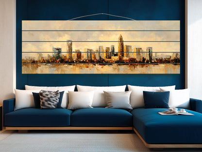 Charlotte Skyline Wood Print – Rustic Wall Art | Beige Cream Painting on Distressed Wood