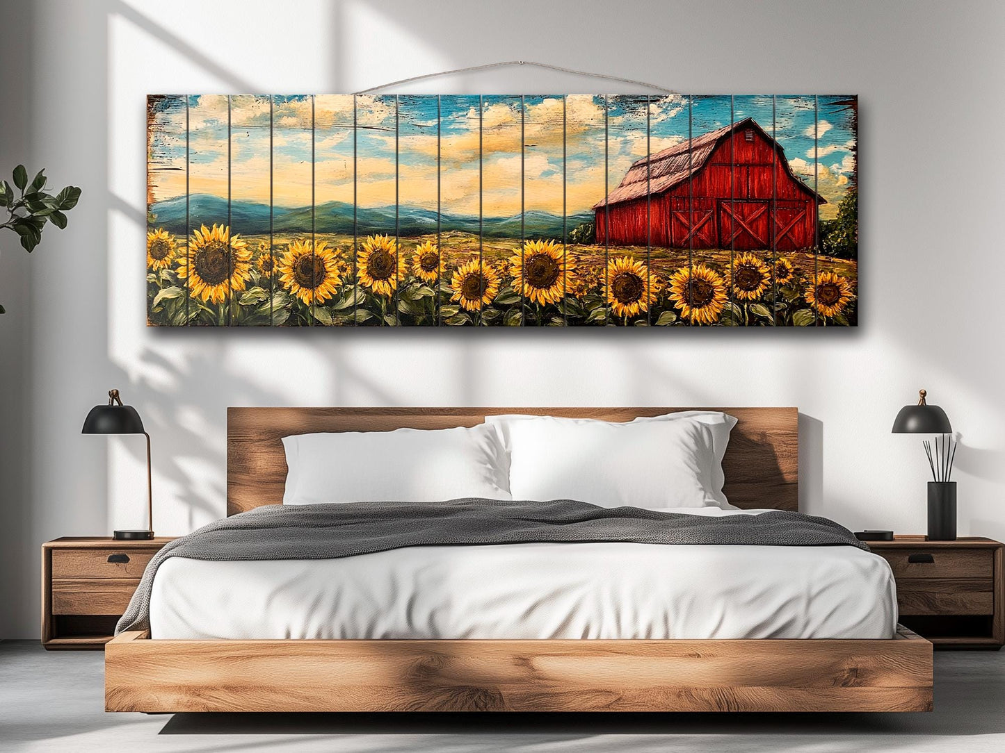 Rustic Wooden Wall Art – Old Red Barn on Sunflowers Field Print, Natural Wood Decor