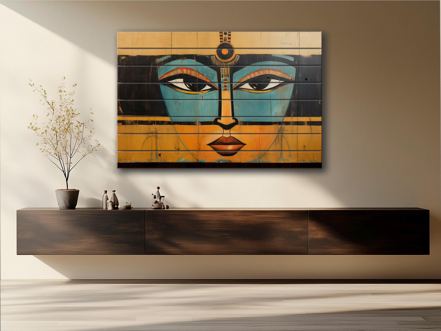 Egyptian Art Print | Retro Abstract Wooden Wall Art on Natural Wood Planks