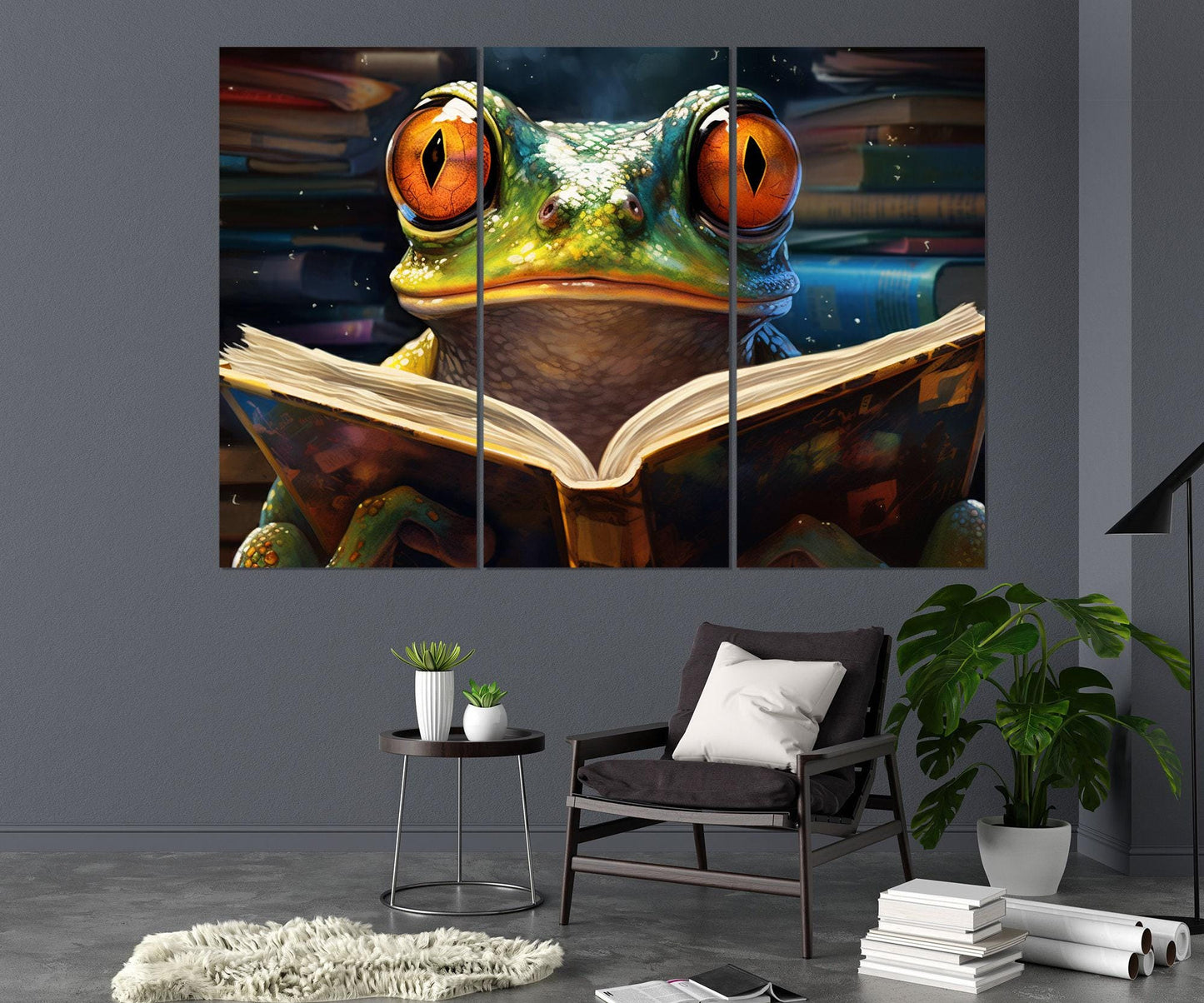 Frog Reading Book Abstract Painting Canvas Print, Kids Room Decor, Nursery Wall Art, Framed and Ready to Hang