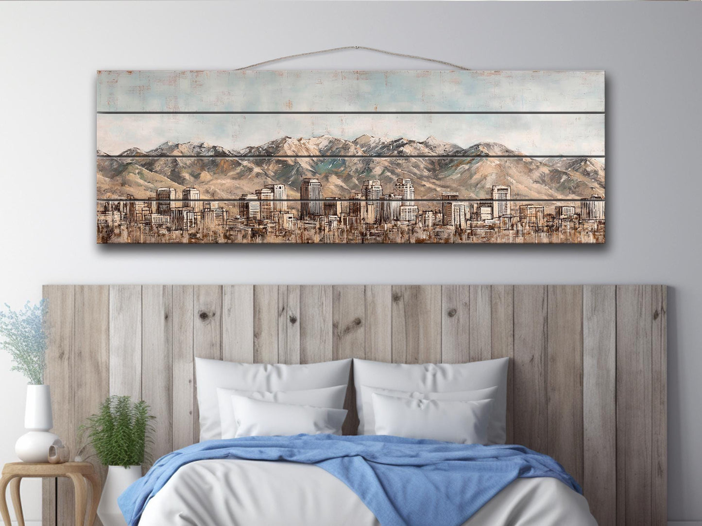 Salt Lake City Wood Print – Rustic Wall Art | Mountain Panoramic Painting On Distressed Wood