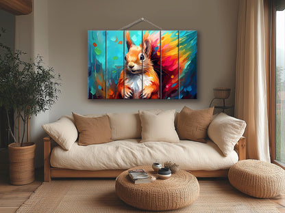 Wood Wall Art - Colorful Squirrel Abstract Painting on Natural Wood Planks