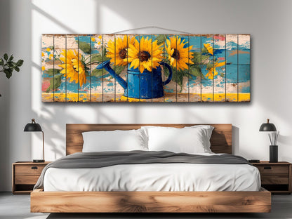 Sunflowers Wood Art - Handcrafted Rustic Wood Wall Art with Weathered Watering Can Print