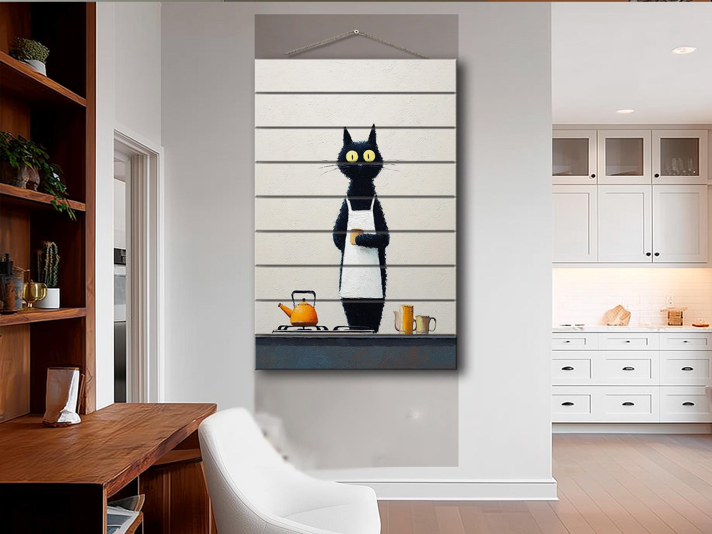 Black Cat Wall Art - Funny Cat Chef Poster | Minimalist Wood Print on Wood