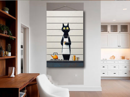 Black Cat Wall Art - Funny Cat Chef Poster | Minimalist Wood Print on Wood