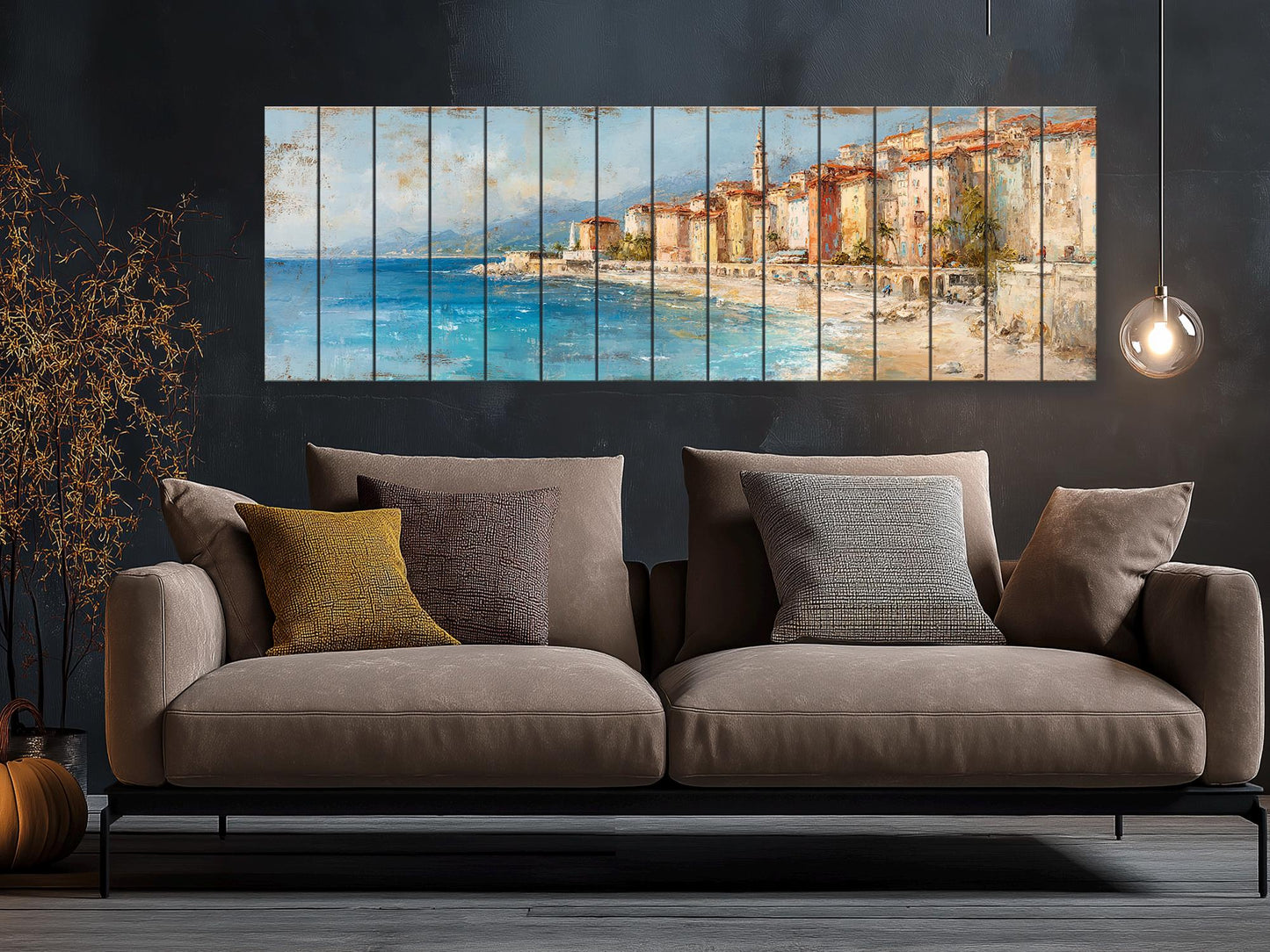 French Riviera Wall Art – Beige Pastel Oil Painting on Wood Planks